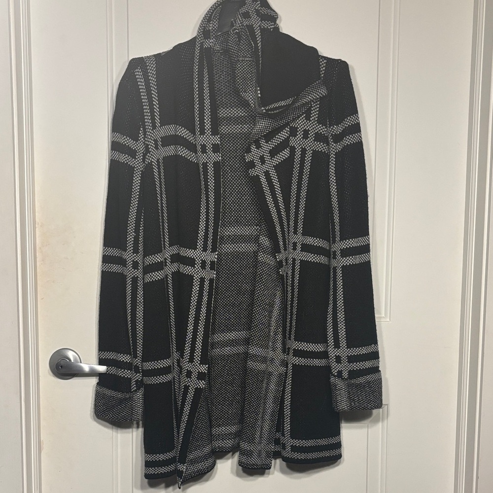 Black and Gray Windowpane Open-Front Women's Sweater Cardigan